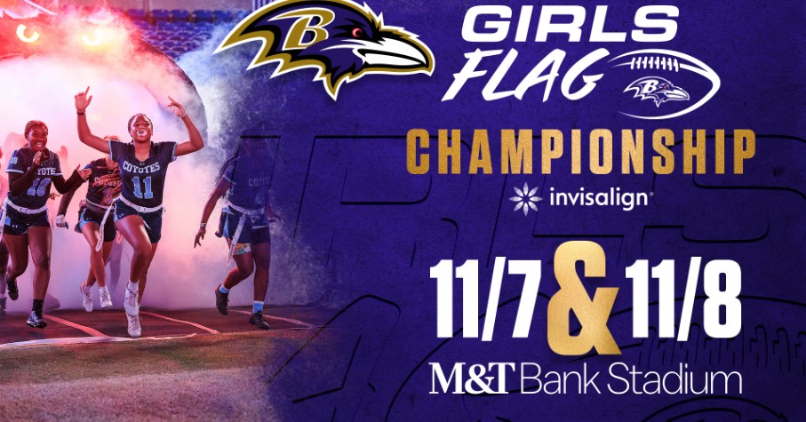 Maryland Girls Flag Championship promotional graphic with athletes running on to field with Baltimore Ravens logo and event information