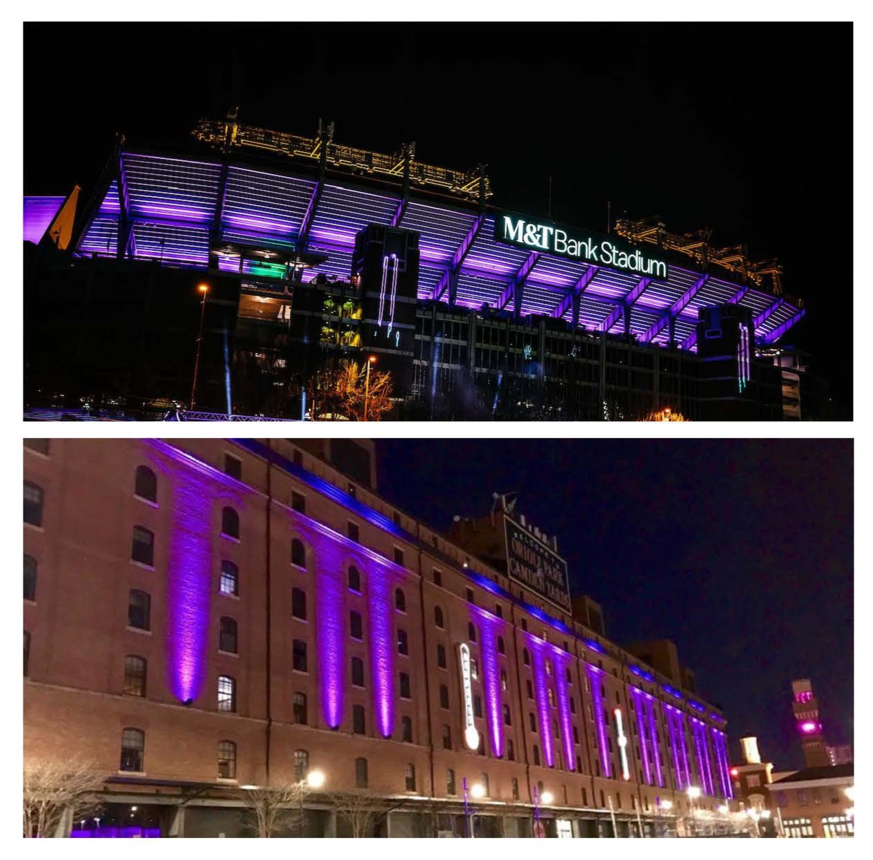 M&T Bank Stadium and the Warehouse at Camden Yards illuminated purple for the Ravens primetime Sunday night home game. 