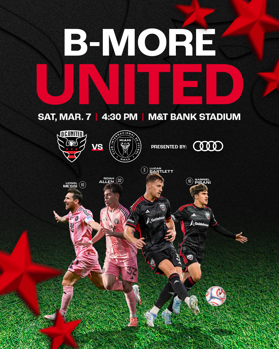 This image is a promotional poster for a soccer match between D.C. United and Inter Miami CF. It features four soccer players in action poses, two wearing black D.C. United kits and two wearing pink Inter Miami CF kits. The event details at the top include the date, Saturday, March 7, the time, 4:30 PM, and the location, M&T Bank Stadium. The background is black with red stars. Sponsor logos, including Audi, are displayed on the poster.