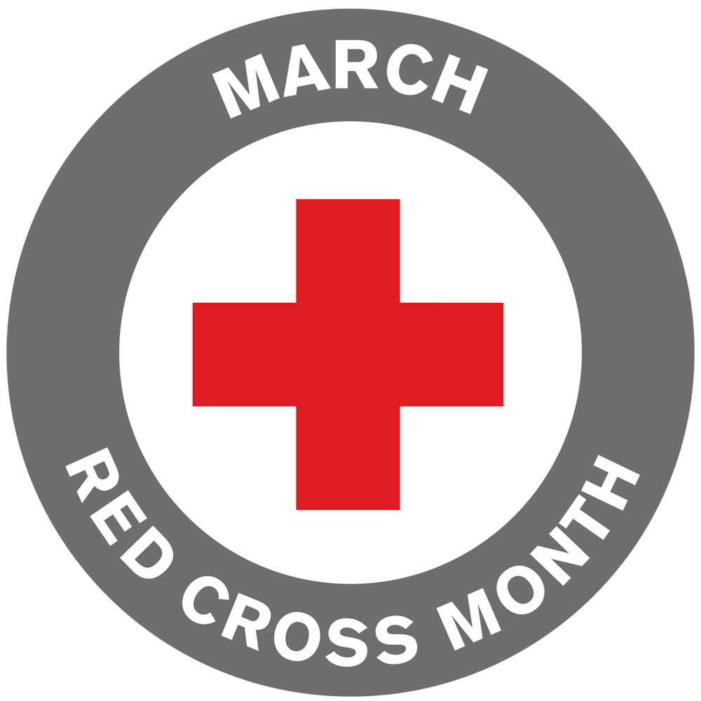 A circular emblem featuring a red cross in the center. The gray border reads "March Red Cross Month"