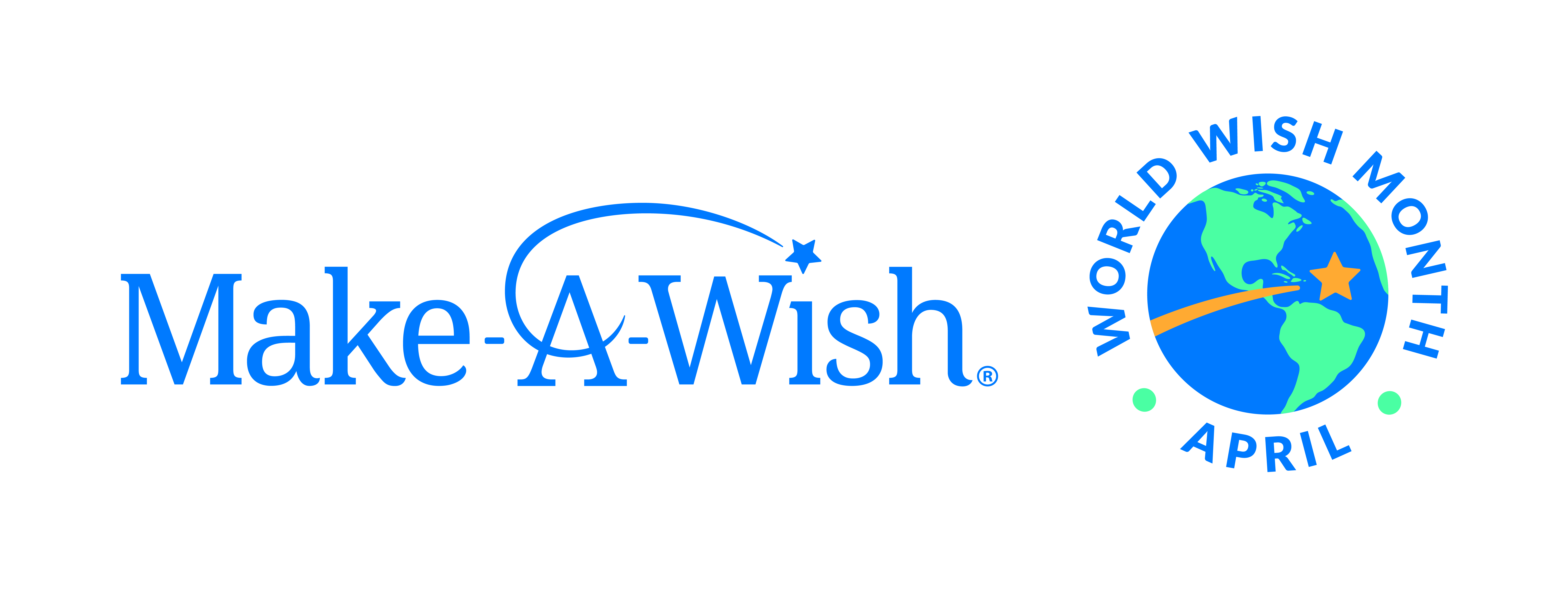 The image features the Make-A-Wish logo on the left, displaying its name with a star shooting across. On the right, there is a circular emblem with a globe and a star, surrounded by the text "World Wish Month April."