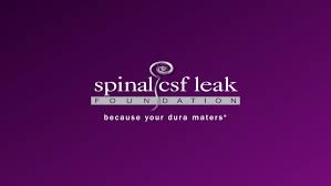 Logo of the Spinal CSF Leak Foundation on a purple background. The text reads "spinal csf leak FOUNDATION - because your dura maters.