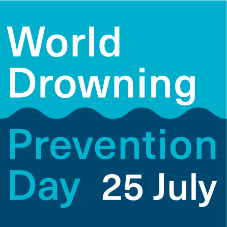 The image is a blue design featuring the text "World Drowning Prevention Day 25 July" in bold letters.