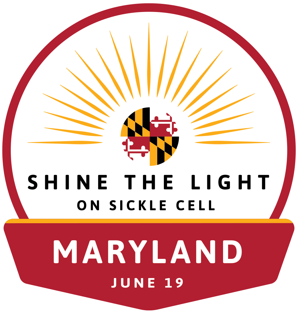 Logo for the Maryland “Shine the Light on Sickle Cell” awareness campaign featuring a Maryland flag emblem and golden sun rays.