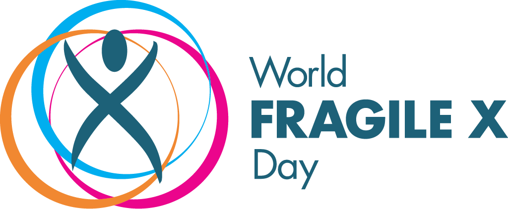 Logo for World Fragile X Day, featuring overlapping rings in blue, orange, and pink surrounding a stylized human figure with arms raised. The text reads "World Fragile X Day."