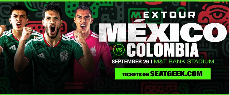 The image features three soccer players wearing Mexico's national team jerseys, energetically displaying competitive expressions. The background includes artistic patterns with the words "México vs Colombia" and "September 26, M&T Bank Stadium." A green banner at the bottom reads, "Tickets on SeatGeek.com.