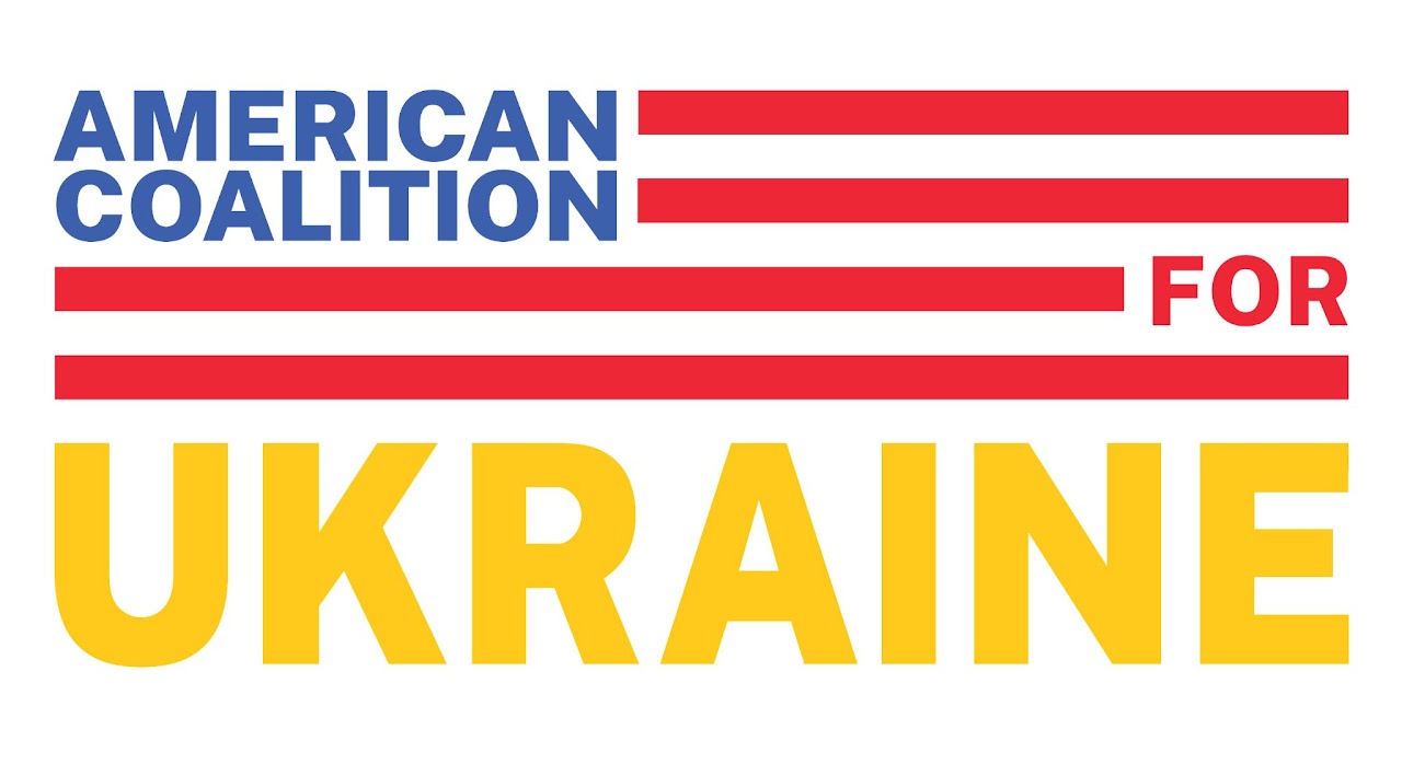 The image features the text "American Coalition for Ukraine" with "American Coalition" in blue, "for" in red, and "Ukraine" in large yellow letters. Red stripes resembling a flag are present above and between the words.