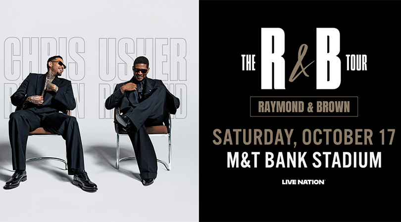 Two individuals sit on chairs on the left side with the names "Chris Usher" and "Rayon Brown" in the background. The right side displays "The R&B Tour," "Raymond & Brown," with the event date and location: "Saturday, October 17, M&T Bank Stadium," and the "Live Nation" logo.