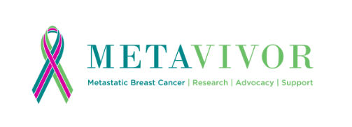 The image shows the METAvivor logo, featuring a multicolored awareness ribbon on the left. The words "METAvivor" are to the right, with "Metastatic Breast Cancer | Research | Advocacy | Support" below.