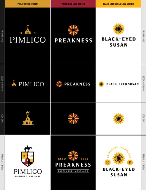 New Brand Identities for Pimlico Race Course and the Preakness Stakes (features Pimlico’s weathervane and cupola, and the black-eyed Susan) 