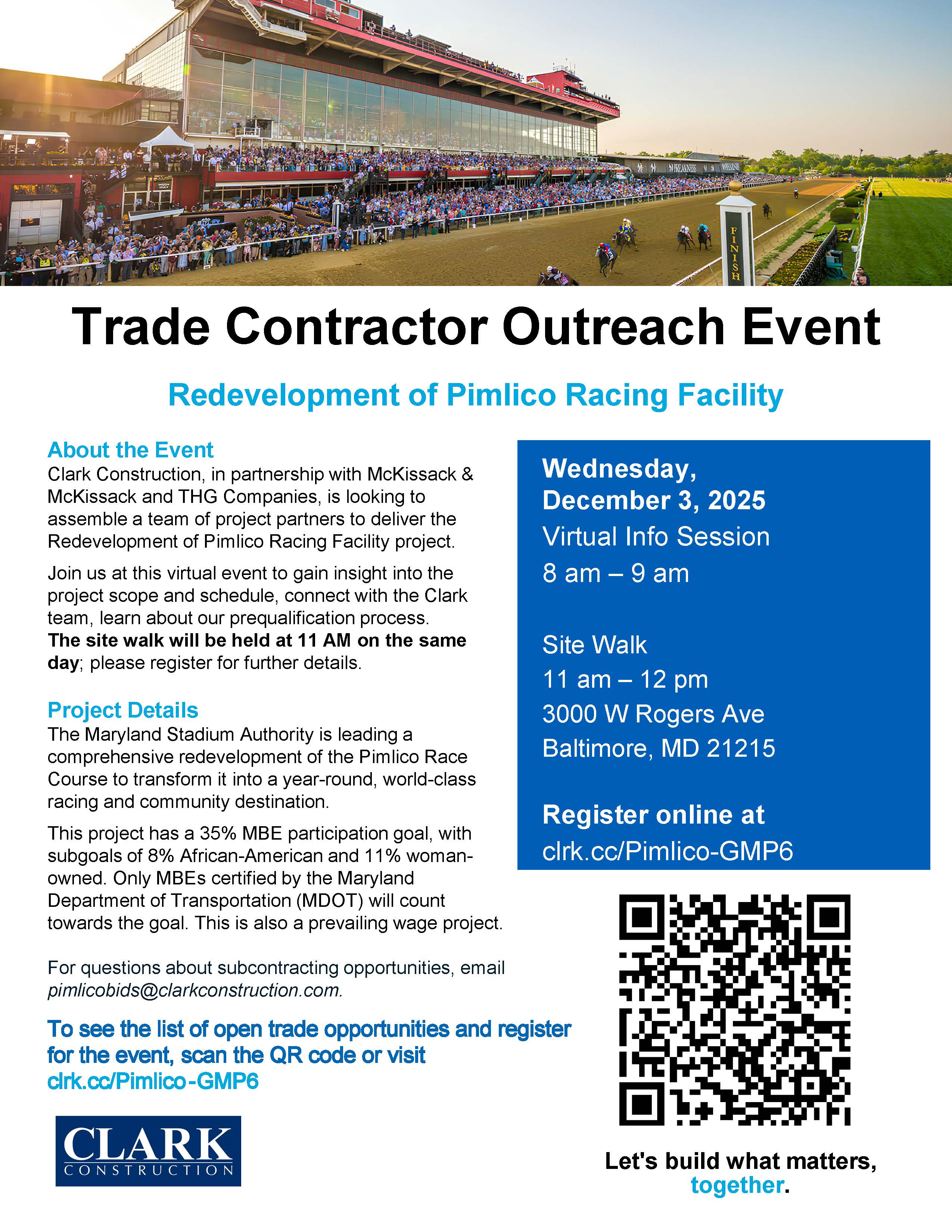 December 3, 2025 Redevelopment of Pimlco Racing Facility Trade Contractor Outreach Event flyer with information about virtual session and actual walk through