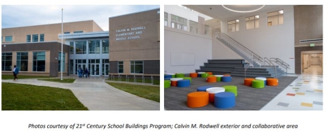 Left Image: Exterior view of the new Calvin M. Rodwell Elementary/Middle School building entrance, showing the modern, multi-story facade with large windows and a covered entryway. Right Image: Lobby space featuring an array of colorful groups of seating, and an open staircase leading to the next floor.