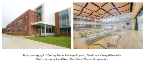 Left Image: Exterior view of the new Cherry Hill Elementary/Middle School building, featuring a multi-story glass facade attached to a brick building, and a prominent entrance under an overhang.  Right Image: Interior view of the cafeteria filled with long tables and tile floors, attached to a gym space with a hardwood floor. Both rooms are connected but separated by a temporary wall.
