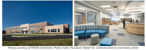 Left Image: Robert W. Coleman Elementary School exterior, showing a modern three-story facade in beige and gray, featuring large windows and a prominent entrance with a canopy. Right Image: Gray carpeted library space featuring blue lounge couches in the forefront, a main lobby desk in the center and walls lined with book shelves in the back.