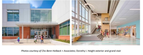Left Image: Rendering of the exterior of Dorothy I. Height Elementary School. The modern, multi-story building features a glass facade and a prominent entrance area, set against a bright, sunny sky. Right Image: Interior rendering of a collaborative open lobby space within Dorothy I. Height Elementary School. The room is brightly natural light, featuring students walking on the stairs and walls painted by students.