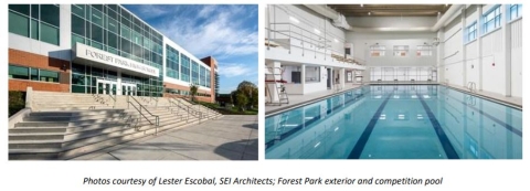 Left Image: Brightly lit, modern exterior of the renovated Forest Park High School building, featuring large windows and an entrance at the top of a set of stairs. Right Image: Large rectangle shaped swimming pool with swim lanes inside a large brightly lit white room that is part of Forest Park High School.