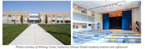 Left Image: Exterior front view of the Katherine Johnson Global Academy, showcasing its modern architectural design with large glass panels and multi-colored facade elements. Right Image: Updated interior of the building’s cafeteria space. Rows of thin rectangular tables line the floor in three columns. A stage with blue curtains highlights the back of the room.