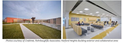Left Image: School entrance. The modern, two-story design features large windows and a prominent, glass-enclosed main entrance with light-colored masonry. Right Image: Interior lobby space of the updated building, featuring yellow walls, and mixed color floor tiles. Rows of gray chairs with yellow seat-backs line the room. People working on documents in each area.