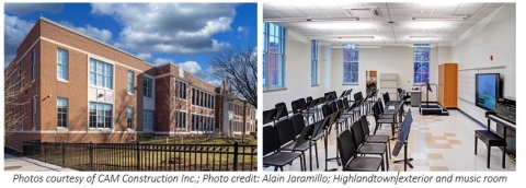 Left Image: Highlandtown Elementary/Middle School building's exterior, showing a modern, multi-story brick structure with large windows and grassy space encircled by a black fence. Right Image: Interior of Highlandtown Elementary/Middle School music classroom with three rows of chairs, some with music stands. The front of the classroom to the right features a  TV screen and a piano.
