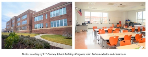 Left Image: Exterior view of John Ruhrah Elementary/Middle School's modern brick and glass facade with a prominent entrance. Right Image: John Ruhrah Elementary/Middle School's classroom interior, showing rows of tables, each with six orange chairs.