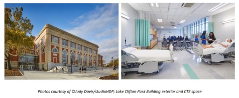 Left Image: Exterior view of the Lake Clifton Park Building, a large multi-story brick structure with cement columns and large windows intertwined. Right Image: Interior of a room fitted with two hospital beds and nurses helping people. Rows of tables in the background with groups of people sitting at each.