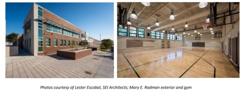 Left Image: Newly constructed exterior of Mary E. Rodman Elementary School with a modern facade and large window, and lifted planters. Right Image: Brightly-lit gymnasium with a hardwood floor, windows along the left wall, and 4 separate basketball hoops.