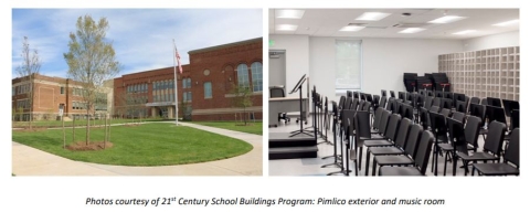 Left Image: Exterior of the new Pimlico Elementary/Middle School building, showcasing a modern design with large windows and a main entrance featuring a grass courtyard. Right Image: White walled Classroom with rows of black chairs with a raised podium at the front center of the room. Small shelves line the wall behind the chairs.