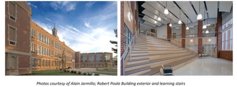 Left Image: Architect's rendering of the new Robert Poole Building exterior, showcasing a modern three-story facade with large windows, contrasting red brick and white paneling, and the main entrance visible. Right Image: Interior view of a brightly lit, modern indoor amphitheater space within the updated Robert Poole Building, featuring tiered seating, and a main floor space.