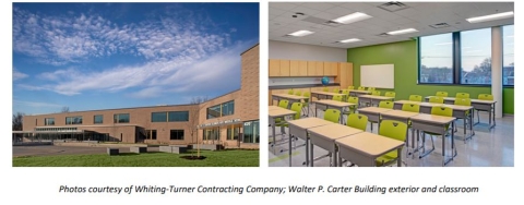 Left Image: Exterior of Walter P. Carter Building main entrance, featuring a walkway into the building and outdoor bench seating. Right Image: Interior photo of a typical Walter P. Carter Building classroom, featuring four rows of small desks with green chairs.