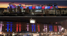 M&T Bank Stadium and Warehouse at Camden Yards illuminated red, white, and blue at dusk/nightime. 