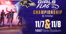 Maryland Girls Flag Championship promotional graphic with athletes running on to field with Baltimore Ravens logo and event information