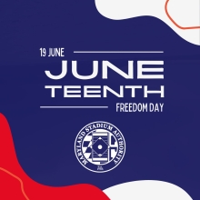 Graphic with red letters for Junteenth holiday with MSA logo