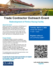 Trade Contractor Outreach Event flyer for the Redevelopment of Pimlico Racing Facility. The event is on March 3, 2025, at 11 a.m. online. Hosted by Clark Construction, McKissack & McKissack, and THG Companies. The project aims to transform the facility and has a 35% MBE participation goal. Contact info and registration link (clr.cc/Pimlico-GMP7) is provided. Includes Clark Construction logo and QR code for event details plus image of the former Clubhouse and racetrack.