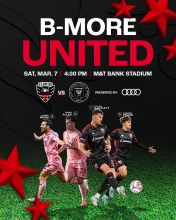 This image is a promotional poster for a soccer match between D.C. United and Inter Miami CF. It features four soccer players in action poses, two wearing black D.C. United kits and two wearing pink Inter Miami CF kits. The event details at the top include the date, Saturday, March 7, the time, 4:30 PM, and the location, M&T Bank Stadium. The background is black with red stars. Sponsor logos, including Audi, are displayed on the poster.