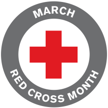 A circular emblem featuring a red cross in the center. The gray border reads "March Red Cross Month"