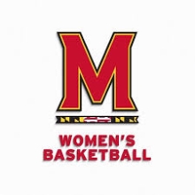 University of Maryland "M" Logo in red with a stripe underneath featuring the design of the Maryland flag. Beneath that reads the words "Women's Basketball" in red.