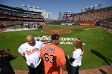 Left to Right: Treasurer Davis, Governor Moore, and Comptroller Lierman at Oriole Park at Camden Yards 2026 Opening Day o-field ceremony to debut the state funded improvements to ballpark