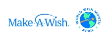 The image features the Make-A-Wish logo on the left, displaying its name with a star shooting across. On the right, there is a circular emblem with a globe and a star, surrounded by the text "World Wish Month April."