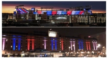 Images: The image features two stadiums illuminated in red, white, and blue lights. The top stadium is M&T Bank Stadium, and the bottom is the Warehouse at Camden Yards. The sky is dark, indicating nighttime.