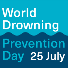 The image is a blue design featuring the text "World Drowning Prevention Day 25 July" in bold letters.