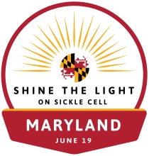 Logo for the Maryland “Shine the Light on Sickle Cell” awareness campaign featuring a Maryland flag emblem and golden sun rays.