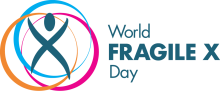 Logo for World Fragile X Day, featuring overlapping rings in blue, orange, and pink surrounding a stylized human figure with arms raised. The text reads "World Fragile X Day."