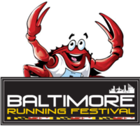 Logo for the Baltimore Running Festival showing a red cartoon crab with raised claws above a black sign displaying the event name in white and yellow text.