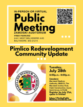 The image is a yellow flyer for a public meeting titled "Pimlico Redevelopment Community Update" at Zamoiski Auditorium in Baltimore. Scheduled for Tuesday, July 28th, from 6:00 p.m. to 8:00 p.m., it includes a Maryland Stadium Authority logo and mentions entities like the Maryland Jockey Club, MEDCO, and PCAB. Registration information is provided at the bottom with QR code at the top