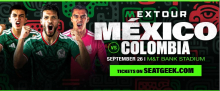 The image features three soccer players wearing Mexico's national team jerseys, energetically displaying competitive expressions. The background includes artistic patterns with the words "México vs Colombia" and "September 26, M&T Bank Stadium." A green banner at the bottom reads, "Tickets on SeatGeek.com.
